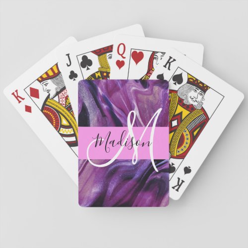 Glam Abstract Purple Shimmer Texture Pink Monogram Playing Cards