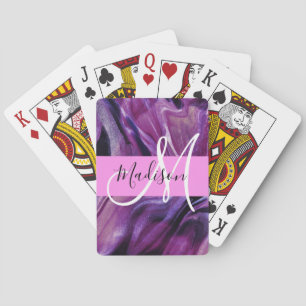 Glam Abstract Purple Shimmer Texture Pink Monogram Poker Cards