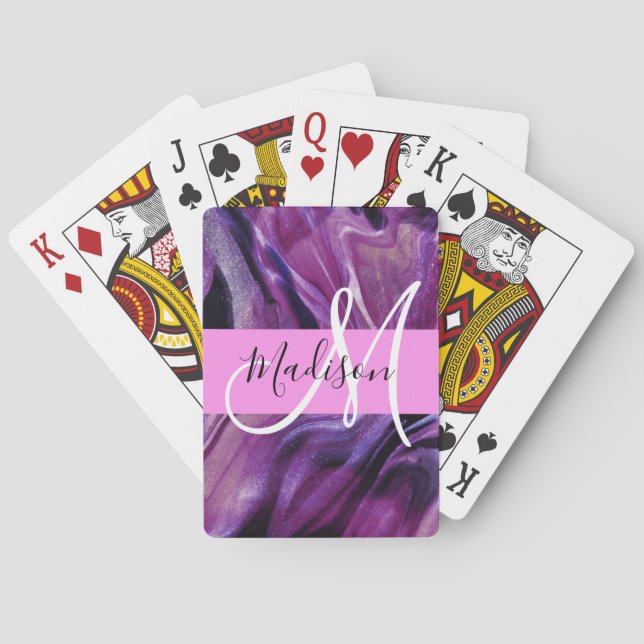 Glam Abstract Purple Shimmer Texture Pink Monogram Poker Cards (Back)
