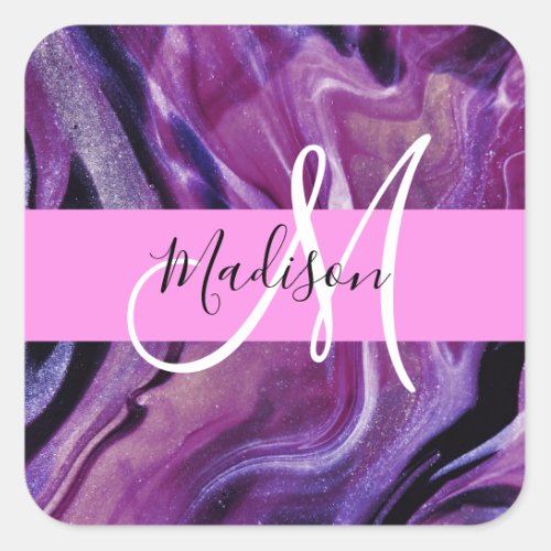 Glam Abstract Purple Shimmer Texture Pink Monogram Square Sticker