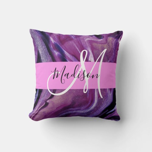 Glam Abstract Purple Shimmer Texture Pink Monogram Throw Pillow
