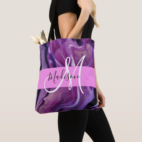 Glam Abstract Purple Shimmer Texture Pink Monogram Tote Bag