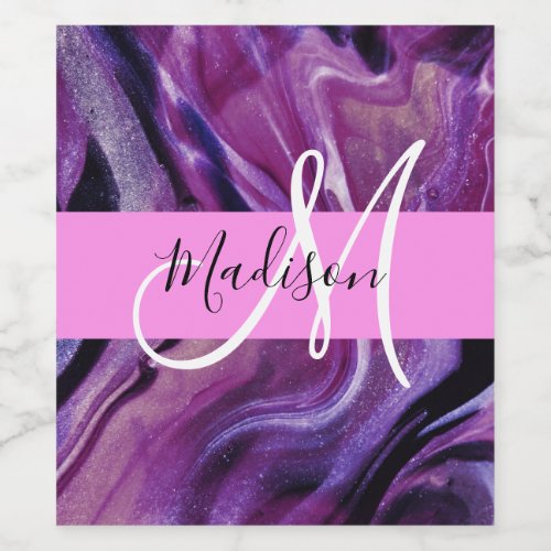 Glam Abstract Purple Shimmer Texture Pink Monogram Wine Label