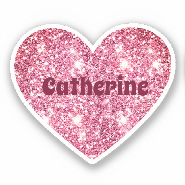 Glam Aesthetic Girly Pink Glitter Heart Name Sticker (Front)