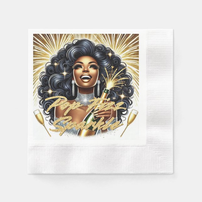 Glam African American Woman Happy New Year Napkins (Front)