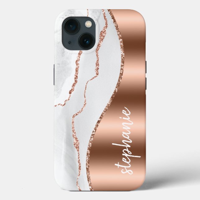Glam Agate Geode Metallic Rose Gold White Name Case-Mate iPhone Case (Back)