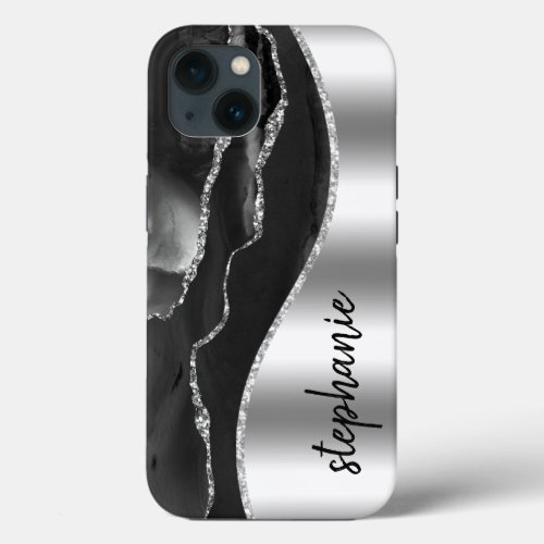 Glam Agate Geode Metallic Silver Black Name iPhone 13 Case