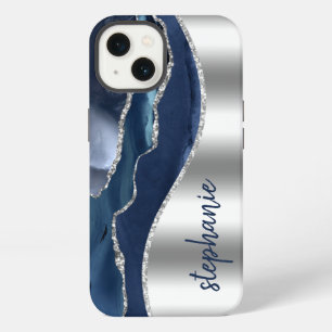 Glam Agate Geode Metallic Silver Blue Name iPhone 13 Case