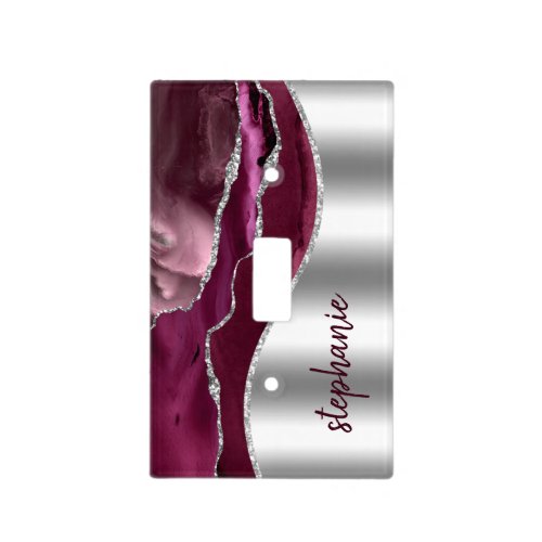 Glam Agate Geode Metallic Silver Burgundy Light Switch Cover