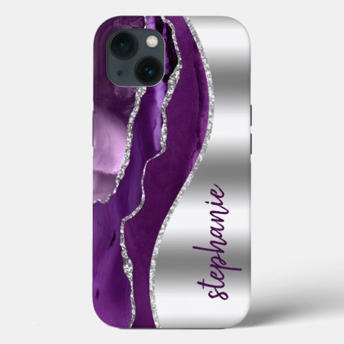 Glam Agate Geode Metallic Silver Purple Name iPhone 13 Case