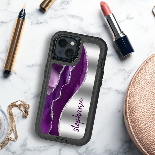 Glam Agate Geode Metallic Silver Purple Name iPhone 13 Case