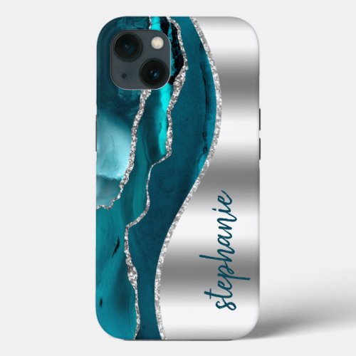 Glam Agate Geode Metallic Silver Teal Name iPhone 13 Case