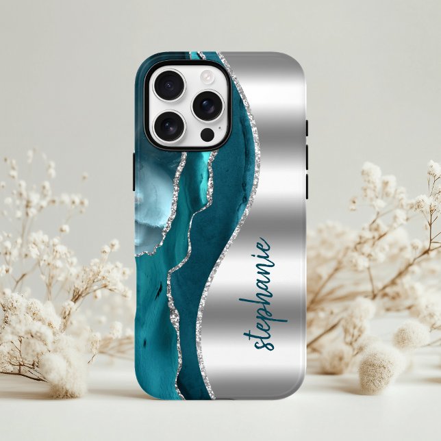 Glam Agate Geode Metallic Silver Teal Name Case-Mate iPhone Case (Creator Uploaded)