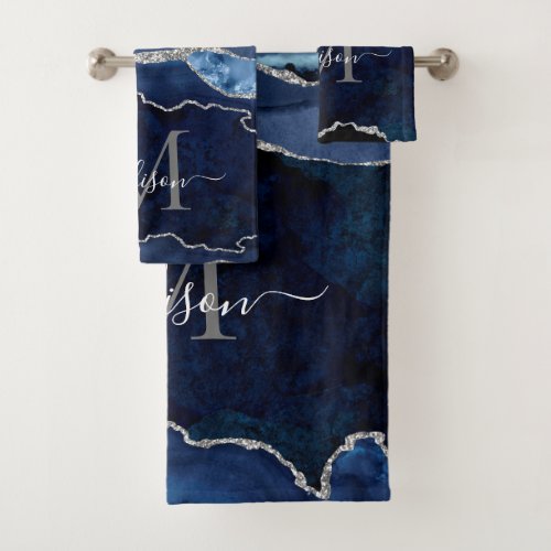 Glam Agate Geode Navy Blue Silver Monogram Script Bath Towel Set