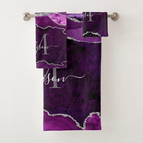 Glam Agate Geode Purple Silver Monogram Script Bath Towel Set