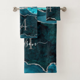 Glam Agate Geode Teal Green Silver Monogram Script Bath Towel Set