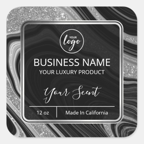 Glam Agate Silver Glitter Black Candle Labels