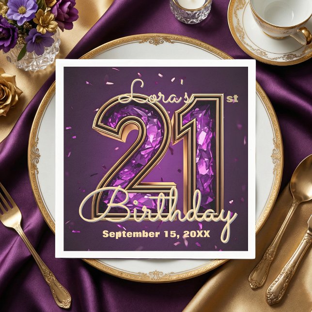 Glam Amethyst Purple Crystal Gold 21st Birthday Napkins (Creator Uploaded)