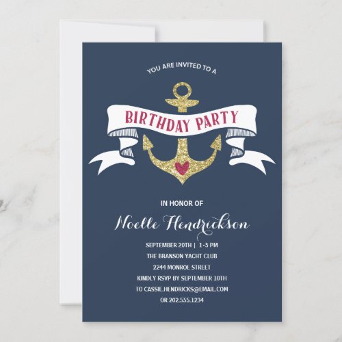 Glam Anchor  Nautical Birthday Party Invitation