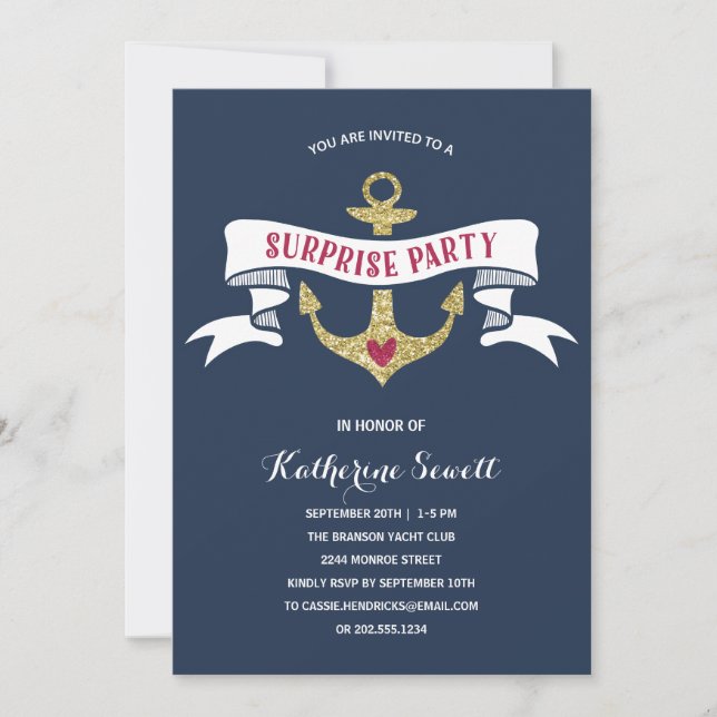 Glam Anchor | Nautical Surprise Birthday Party Invitation (Front)