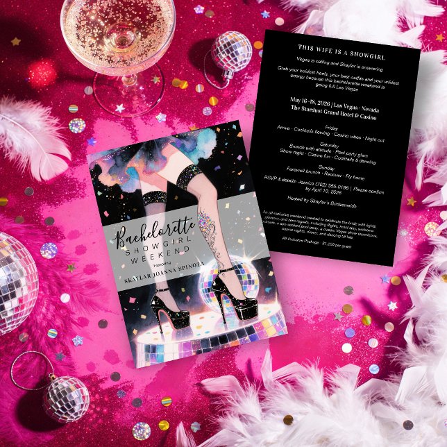 Glam and Funny Showgirl Dancing Disco Bachelorette Invitation (Glam and Funny Showgirl Dancing Disco Wedding Bachelorette Weekend Invitations Cards. )