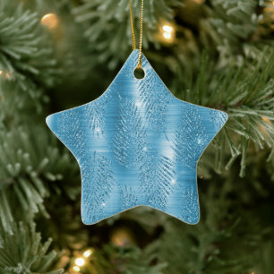 Glam Aqua Blue Tropical Glitter Leaves Ceramic Ornament