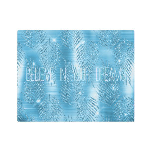Glam Aqua Blue Tropical Glitter Leaves Metal Print