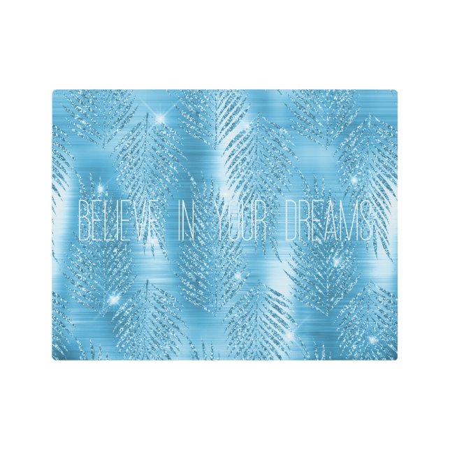 Glam Aqua Blue Tropical Glitter Leaves Metal Print (Front)