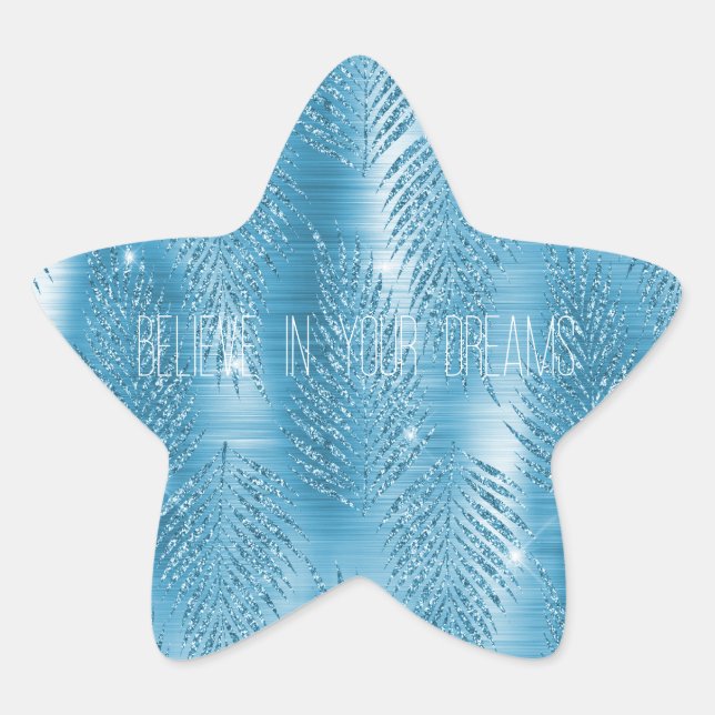 Glam Aqua Blue Tropical Glitter Leaves Star Sticker (Front)