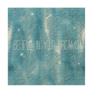 Glam Aqua Blue Tropical Glitter Leaves Wood Wall Art