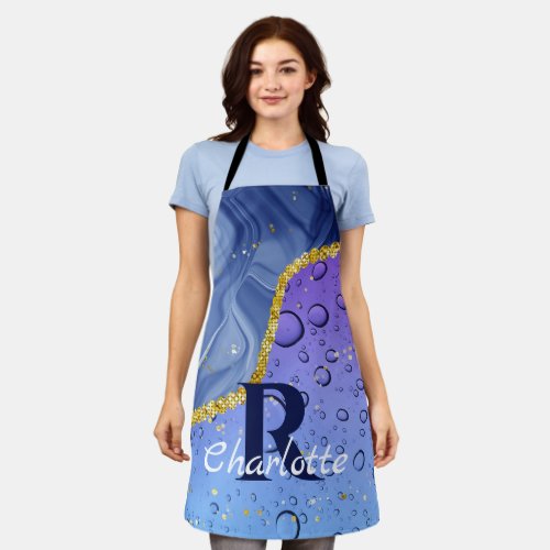 Glam Aqua Blue Water Droplets Ombre  Monogram Apron