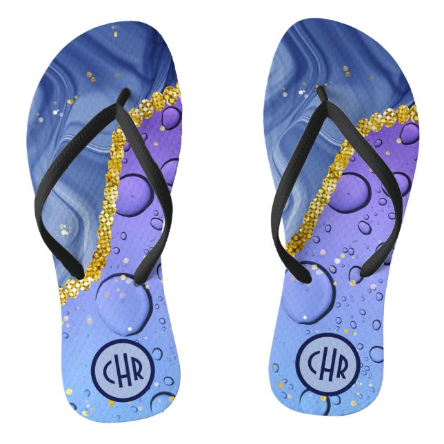 Glam Aqua Blue Water Droplets Ombre | Monogram Flip Flops (Footbed)