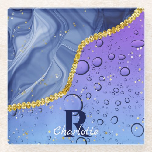 Glam Aqua Blue Water Droplets Ombre  Monogram Glass Coaster