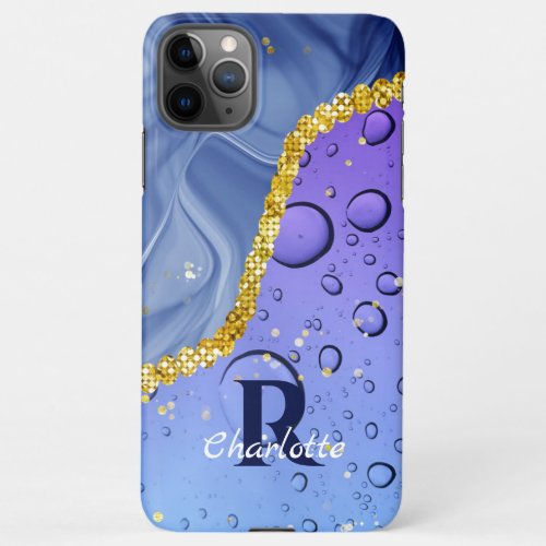 Glam Aqua Blue Water Droplets Ombre  Monogram iPhone 11Pro Max Case