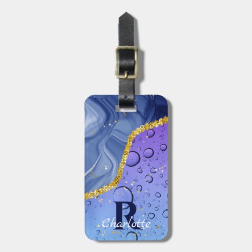 Glam Aqua Blue Water Droplets Ombre  Monogram Luggage Tag