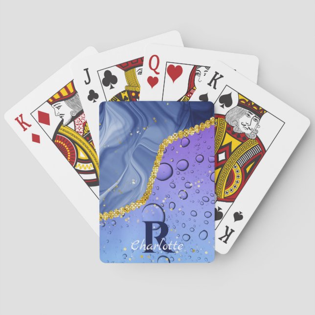 Glam Aqua Blue Water Droplets Ombre | Monogram Poker Cards (Back)