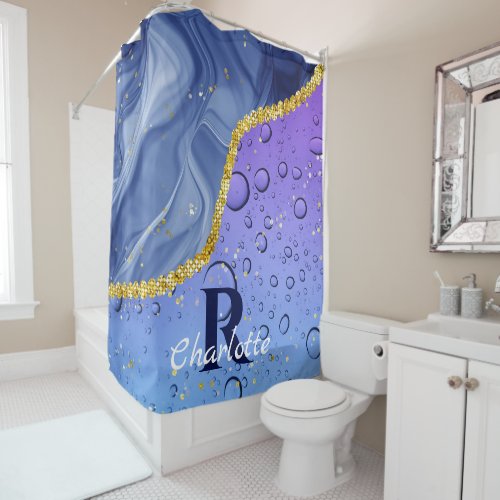 Glam Aqua Blue Water Droplets Ombre  Monogram Shower Curtain