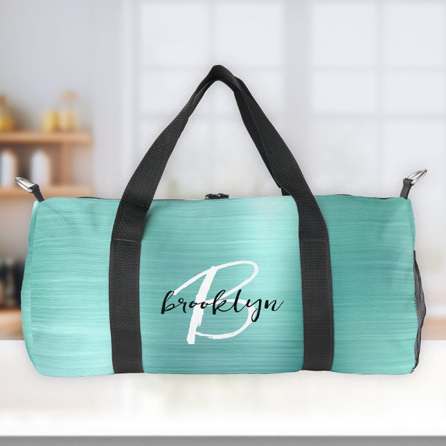 Glam Aqua Brushed Metal Black White Monogram  Duffle Bag (Creator Uploaded)