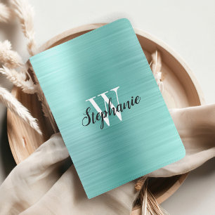 Glam Aqua Brushed Metal Monogram Passport Holder