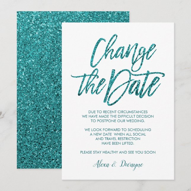 Glam Aqua Glitter Cancelled Postponed Wedding Invitation (Front/Back)