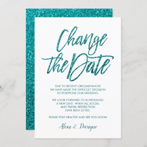 Glam Aqua Glitter Cancelled Postponed Wedding Invitation