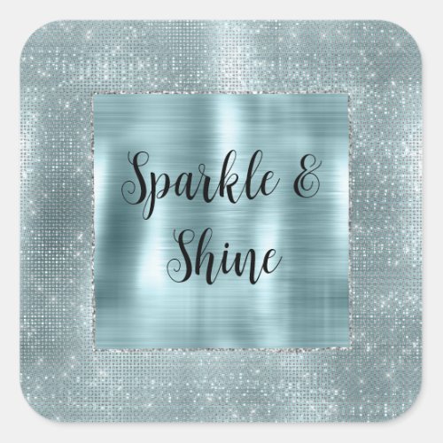 Glam Aqua Glitzy Silver Sparkle Square Sticker