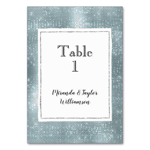 Glam Aqua Glitzy Silver Sparkle Table Number