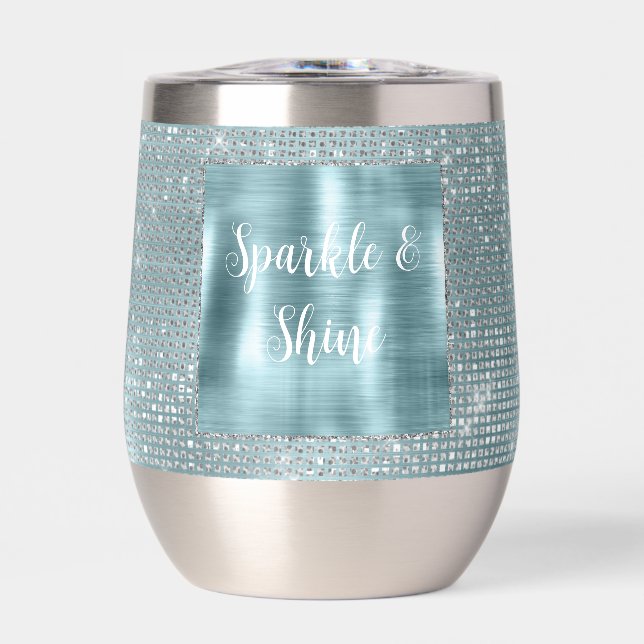 Glam Aqua Glitzy Silver Sparkle Thermal Wine Tumbler (Front)
