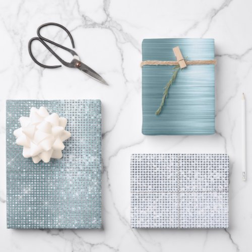 Glam Aqua Glitzy Silver Sparkle Wrapping Paper Sheets