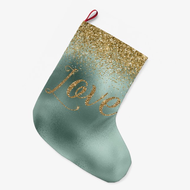 Glam Aqua Green Gold Glitter Love Large Christmas Stocking (Front (Hanging))