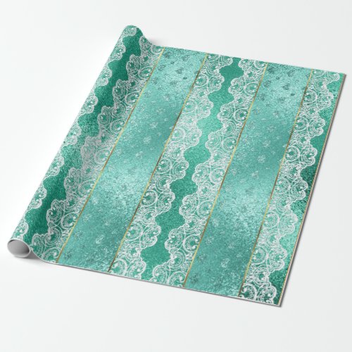 Glam Aqua Mint Green Golden Foil White Lace Wrapping Paper