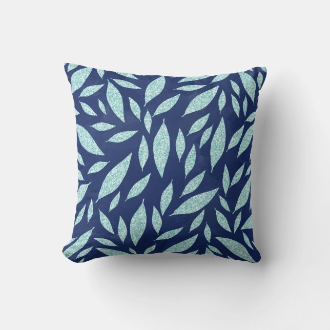 Glam aqua navy blue faux glitter leaves throw pillow (Front)