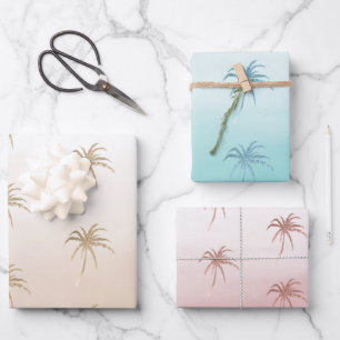 Glam Aqua Rose Gold Tropical Palm Trees Ombre Wrapping Paper Sheets