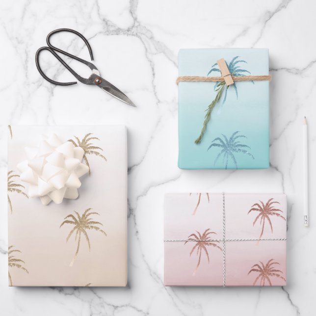 Glam Aqua Rose Gold Tropical Palm Trees Ombre Wrapping Paper Sheets (Front)